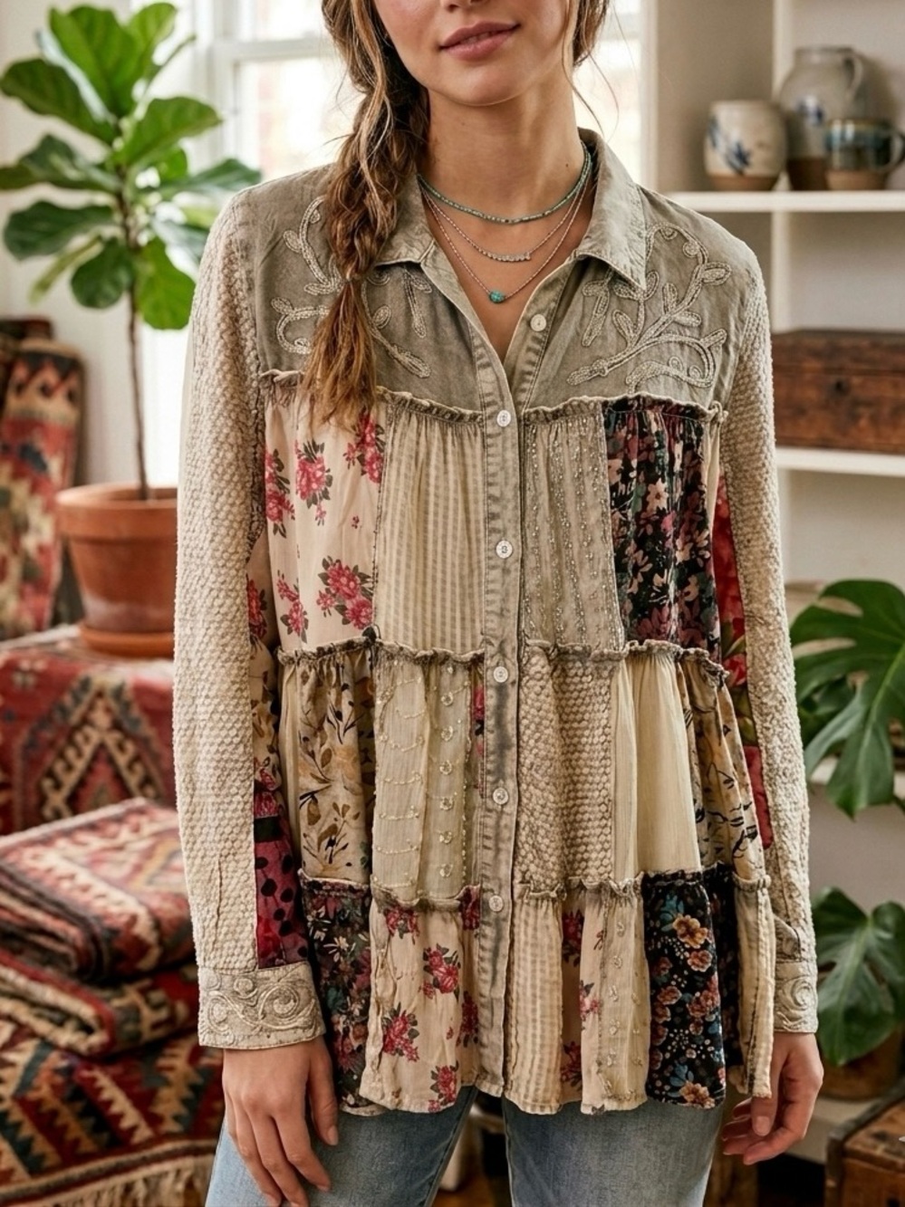 Young Threads | Boho Patchwork Mixed Media Button Down Top